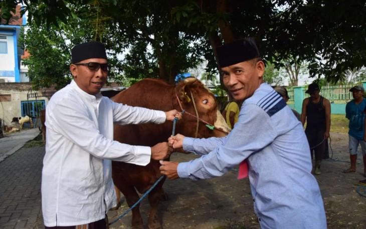 Danlanudal Juanda Kolonel Laut (P) Heru Prasetyo saat menyerahkan hewan qurban 