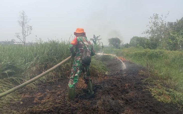Personil Kodim 1001/HSU-BLG Serma Salim saat berusaha padamkan karhutla di desa Tambak Sari Panji, Senin (25/9)