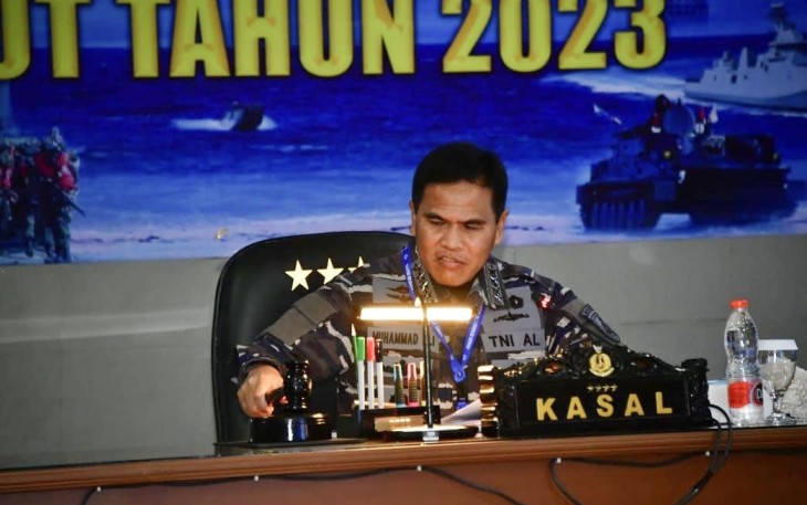 Kasal Laksamana TNI Muhammad Ali saat membuka rakor Renaku I TNI AL tahun 2023 di Juanda Sidoarjo, Selasa (16/5)