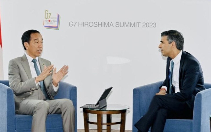 Presiden Joko Widodo menggelar pertemuan bilateral dengan Perdana Menteri (PM) Inggris Rishi Sunak di Hotel Grand Prince, Hiroshima, Jepang, Sabtu, (20/5)