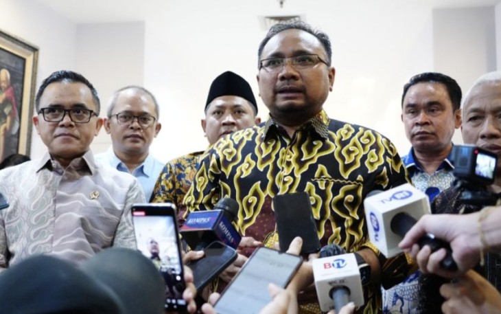 Menag Yaqut Cholil Qoumas menyampaikan keterangan pers di Jakarta, Jumat (4/8/2023)