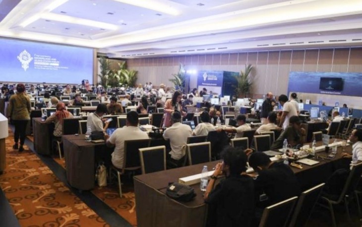 Suasana Media Center KTT AIS Forum 2023 di Bali Nusa Dua Convention Center (BNDCC), Nusa Dua, Badung, Bali, Senin (09/10/2023)