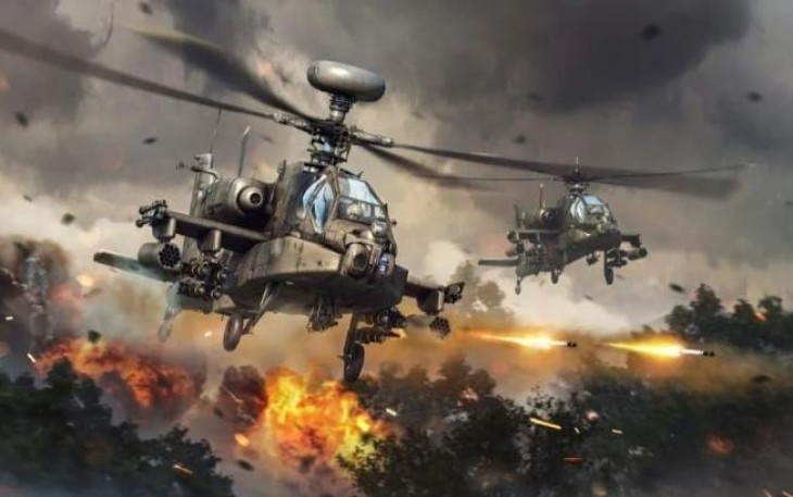Manuver Helikopter Serang AH-64E Apache. ilustrasi