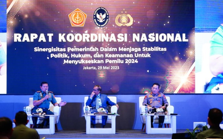 Rapat Koordinasi Nasional Polhukam, bertempat di East Java Ballroom Westin Hotel, Jakarta Selatan, Senin (29/5/2023).