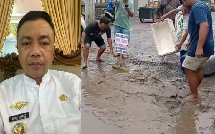 Warga Sebar Ikan Lele di Kubangan Air di Jalanan Desa Rejoso, Binangun, Kabupaten Blitar (kanan). Plh Bupati Blitar Rahmat Santoso (kiri). 