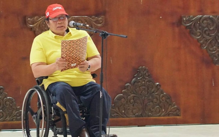 Ketua NPC Indonesia, Senny Marbun, saat memberikan sambutan dalam tasyakuran keberhasilan kontingen Indonesia hattrick juara umum ASEAN Para Games, di Pendopo Raden Mas Said, Rumah Dinas Bupati Karanganyar, Jumat (7/7/2023) malam.