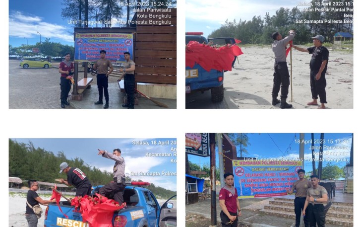 Personel Sat Samapta Polresta Bengkulu dan Personel Tagana Dinsos Kota Bengkulu Pasang Patok Larangan Mandi di Sepanjang Pantai Panjang 