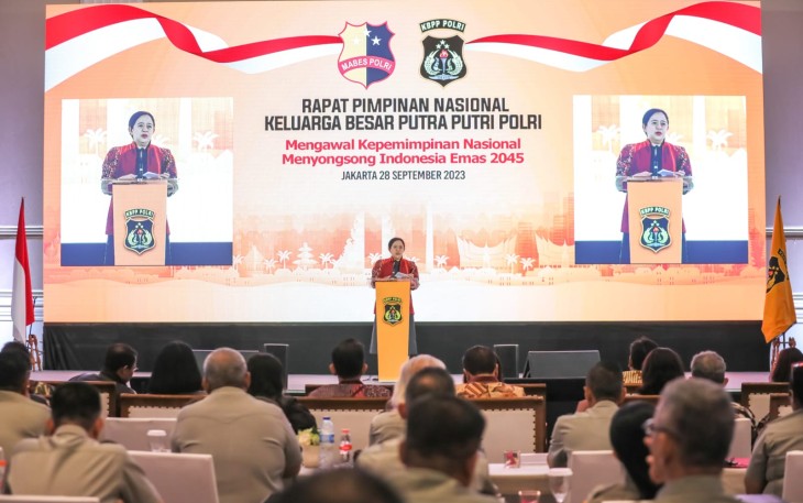 Ketua DPR RI Puan Maharani saat menghadiri Rapat Pimpinan Nasional KBPP Polri di Gedung Tribrata, Jakarta Selatan, Kamis (28/9/2023).