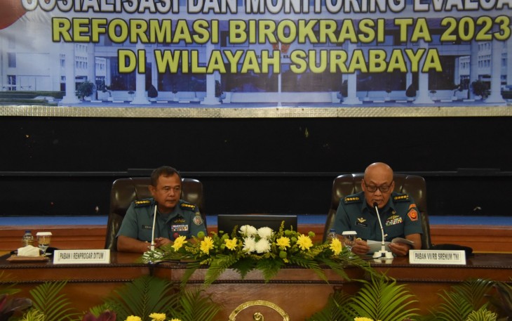  Prajurit dan Pegawai Negeri Sipil (PNS) Kodiklatal bersama perwakilan TNI AD, TNI AL dan TNI AU wilayah Surabaya menerima Sosialisasi dan Survei Reformasi Birokrasi (RB) dan Pembangunan Zona Integritas (ZI) TNI Wilayah Surabaya Tahun 2023 oleh Tim RB Srenum Mabes TNI