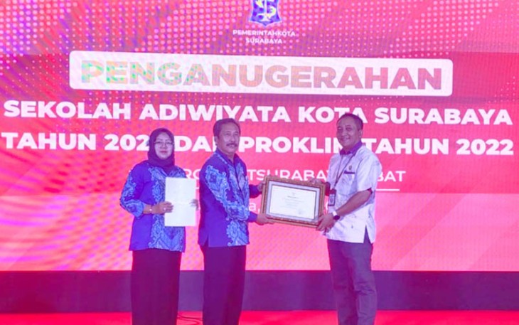 Penganugerahan Adiwiyata di Gedung Sawunggaling Pemkot Surabaya yang diserahkan langsung oleh Kepala Dinas Lingkungan Hidup Kota Surabaya Agus Hebi Djuniantoro, S.T. , M.T kepada Kasatdik SD Hang Tuah 3 Drs. Sapto Hari Utomo.
