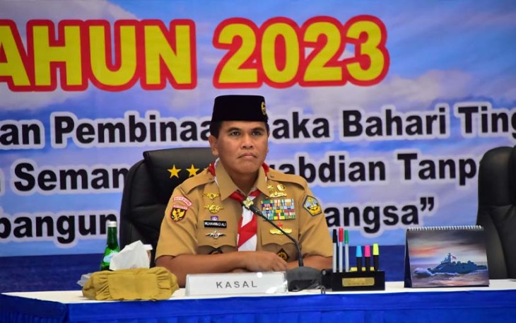 Kasal Laksamana TNI Muhammad Ali selaku Ketua Majelis Pembimbing Pramuka Saka Bahari Tingkat Nasional saat memimpin Rapim Saka Bahari Nasional Tahun 2023, di Auditorium Denma Mabesal Cilangkap, Jakarta Timur, Selasa (14/3). 