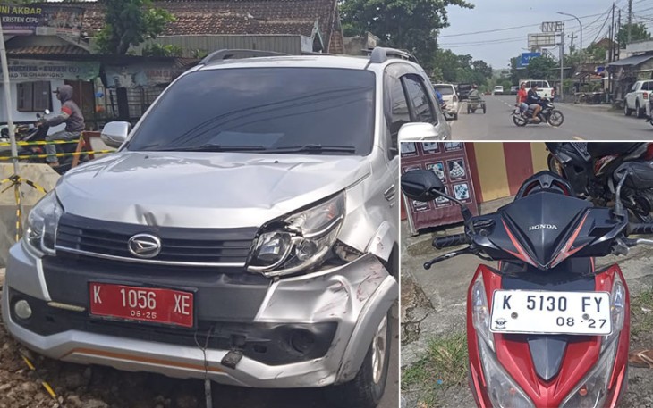  Mobil operasional Camat Cepu mengalami ringsek saat terlibat kecelakaan dengan motor di depan Puskesmas Sambong.