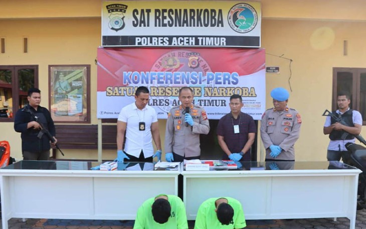Kapolres Aceh Timur AKBP Andy Rahmansyah, S.I.K., saat Konferensi Pers pada hari Rabu, (09/03/2023) petang.