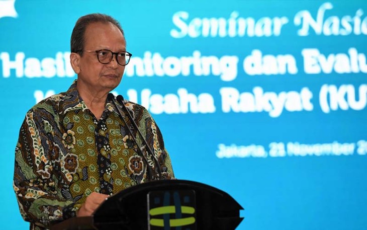 Deputi Bidang Usaha Mikro KemenKopUKM Yulius pada acara Seminar Nasional Hasil Monitoring dan Evaluasi (Monev) Pelaksanaan KUR Tahun 2023, di Jakarta, Selasa (21/11). 