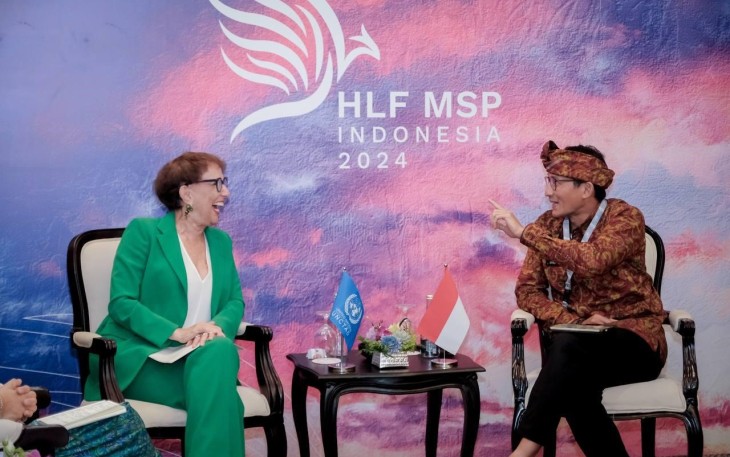 Menparekraf Sandiaga Salahuddin Uno (kanan) saat pertemuan bilateral dengan United Nations Conference on Trade and Development (UNCTAD) yang diwakili Secretary General of UNCTAD, Rebeca Grynspan Mayufis (kiri) di Nusa Dua, Bali, Senin (2/9/2024). (Foto: Biro Komunikasi Kemenparekraf)