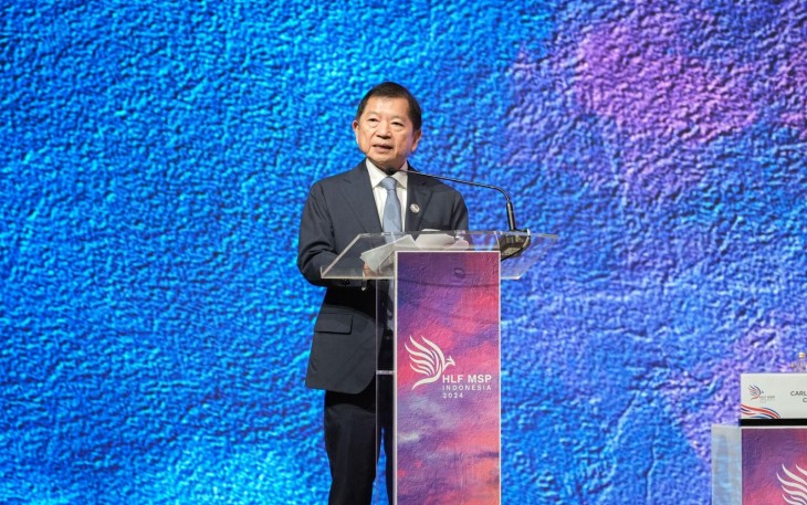 Menteri Perencanaan Pembangunan Nasional/Kepala Badan Perencanaan Pembangunan Nasional (PPN/Bappenas) Suharso Monoarfa saat High-Level Plenary Session High-Level Forum on Multi-Stakeholder Partnerships (HLF MSP) 2024 bertajuk “Building Bridges: Unlocking the Full Potential of Global South through Multi-Stakeholder Partnerships, Senin (2/9/2024) di Nusa Dua Bali. (Foto: Bappenas)