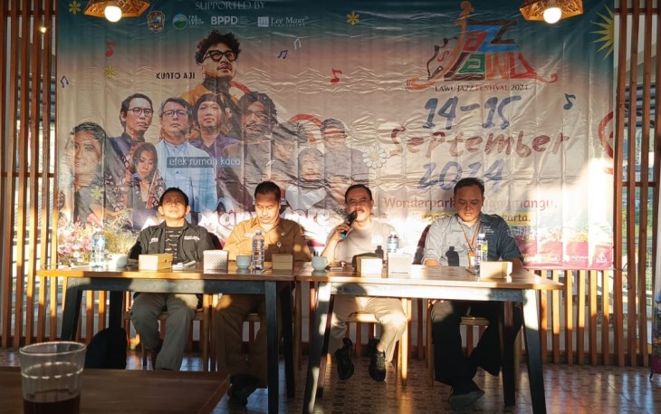 Konferensi pers persiapan gelaran event "Lawu Jazz Festival 2024", pada Senin (18/8/2024) sore, di kawasan Blumbang, Tawangmangu, Kabupaten Karanganyar.