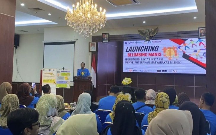 Aspemkesra Kota Depok Gandara Budiana saat memberikan sambutan pada acara peluncuran inovasi Belimbing Manis di Aula Teratai Balai Kota Depok, Rabu (14/08/2024).