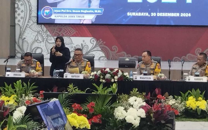 Kapolda Jatim Irjen Pol Imam Sugianto memaparkan capaian kinerja dalam refleksi akhir tahun 2024. Senin (30/12)