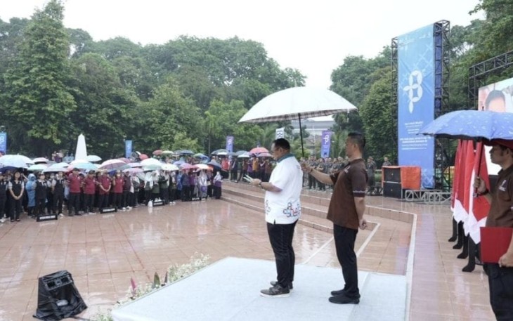 Menteri Agama Yaqut Cholil Qoumas saat memberikan amanah pada Apel HAB di Jakarta, Rabu (3/1/2024).