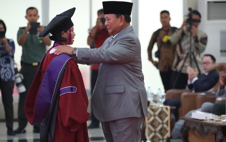 Menhan Prabowo saat Hadiri Acara Wisuda Unhan RI di Aula Merah Putih Unhan RI, Kawasan IPSC–Sentul, Bogor, Senin (12/2/2024).