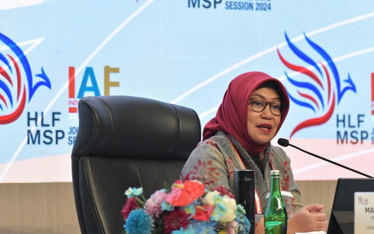 Deputi Bidang Sumber Daya dan Kelembagaan Kementerian Pariwisata dan Ekonomi Kreatif (Kemenparekraf), Martini Mohamad Paham dalam Konferensi Pers terkait High-Level Forum on Multi-Stakeholder Partnerships (HLF-MSP) dan Indonesia-Africa Forum (IAF) ke-2 Joint Leaders Session 2024 di Media Center, Nusa Dua, Bali, Selasa (3/9/2024). 