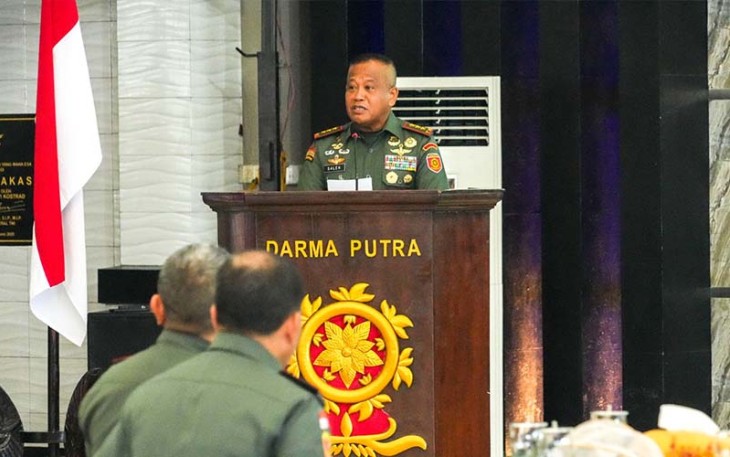 Pangkostrad Letnan Jenderal TNI Muhammad Saleh Mustafa saat membuka Rapat Pimpinan Kostrad TA 2024  yang dilaksanakan di Markas Divisi Infanteri 1 Kostrad, Cilodong, Depok. Kamis (7/3/2024).