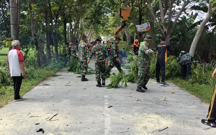 Koramil Padas Bersama Relawan saat Tebangi Pohon di Pinggir Jalan Raya