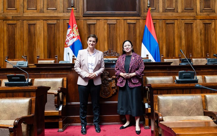 Ketua DPR RI Puan Maharani saat pertemuan bilateral dengan Ketua Majelis Nasional Serbia, Ana Brnabic di Gedung Parlemen Serbia yang berada di ibu kota negara, Belgrade, Senin (26/8/2024)