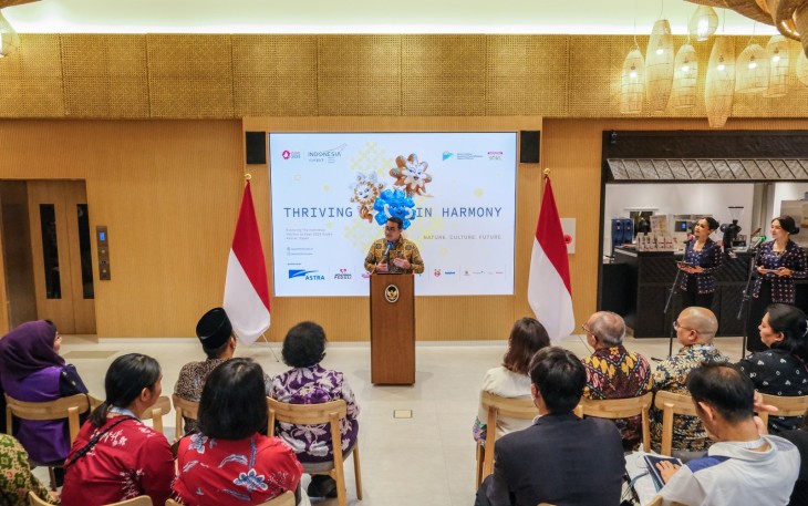 Menteri Ekonomi Kreatif, Teuku Riefky Harsya, memberi sambutan pada seremoni penutupan Paviliun Indonesia di ajang Osaka World Expo 2025, Osaka, Senin (13/10/2025)