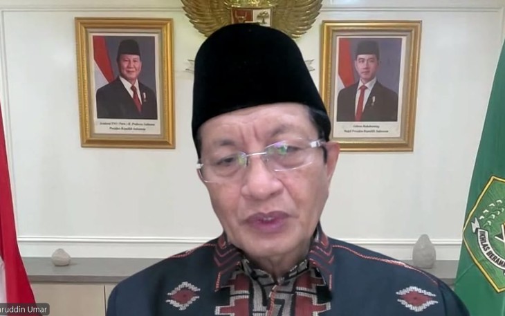 Menteri Agama Nasaruddin Umar saat memberikan sambutan secara daring pada Amaliah Astra Awards ke-5.