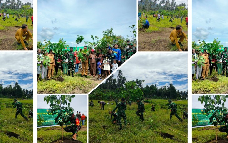 Satgas TMMD yang di pimpin langsung oleh Dandim 1310/Bitung selaku Dansatgas TMMD Ke-123 Kodim 1310/Bitung bersama warga saat melaksanakan penanaman 1000 bibit pohon di lokasi Manunggal Air Kelurahan Girian Indah