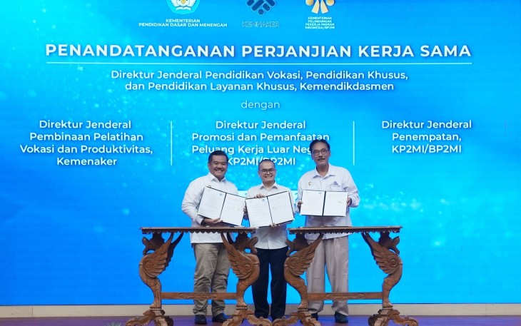 Kementerian Pendidikan Dasar dan Menengah (Kemendikdasmen) melalui Direktorat Jenderal Pendidikan Vokasi, Pendidikan Khusus, dan Pendidikan Layanan Khusus (PKPLK) menandatangani perjanjian kerja sama (PKS) dan kesepahaman bersama dengan Kementerian Ketenagakerjaan (Kemenaker) dan Kementerian Pelindungan Pekerja Migran Indonesia (KP2MI)/Badan Pelindungan Pekerja Migran Indonesia (BP2MI)