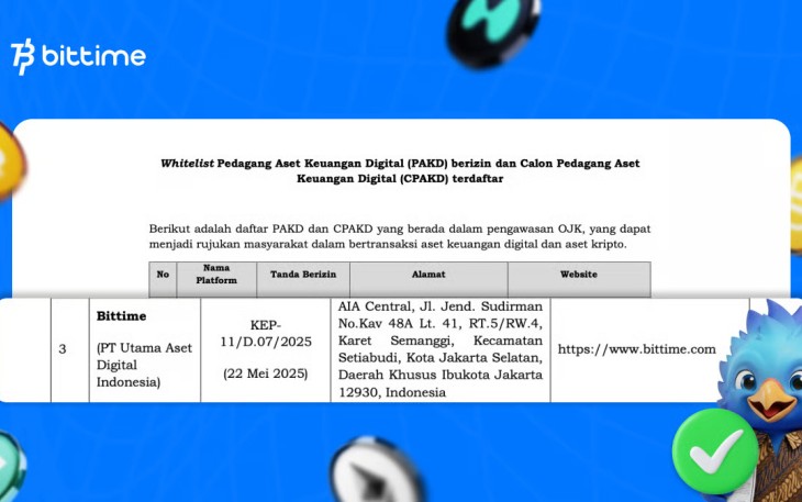 Bittime Terdaftar dalam Whitelist Penyelenggara Perdagangan Aset Keuangan Digital dan Aset Kripto Berizin oleh OJK