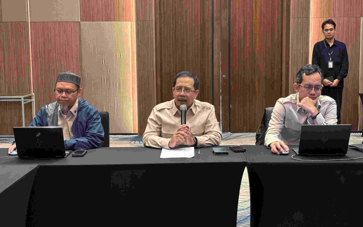 Sekertaris Dirjen Pelayanan Haji, Abdul Haris saat memberikan pemaparan di Bogor, Rabu (4/3)