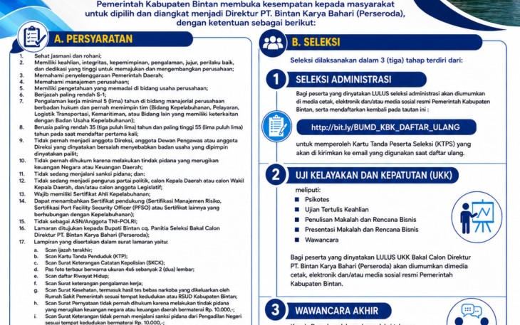 Pemkab Bintan Buka Seleksi Bakal Calon Komisaris dan Direktur BUMD PT Bintan Karya Bahari