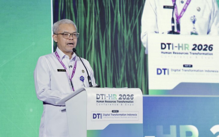 Sekretaris Jenderal Kemnaker, Cris Kuntadi, saat menjadi pembicara dalam Digital Transformation Indonesia Human Resources Conference & Expo (DTI-HR) di Jakarta, Kamis (6/8/2026).