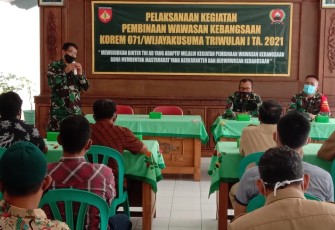 Pembinaan wawasan kebangsaan Korem 071/Wijayakusuma bertajuk "Mewujudkan Binter TNI AD yang Adaptif melalui Kegiatan Pembinaan Wawasan Kebangsaan Guna Membentuk Masyarakat yang Berkarakter dan Berwawasan Kebangsaan" bertempat di Pendopo Kecamatan Kalibagor Kabupaten Banyumas yang diikuti segenap komponen dan elemen masyarakat, Senin (15/3/2021).