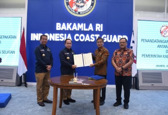 Penandatanganan Nota Kesepakatan dalam area pembangunan Stasiun Peringatan Dini (SPD) Bakamla RI. Kegiatan berlangsung di Mabes Bakamla RI, Jakarta Pusat, Kamis (8/9/2022).