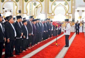 Ketua Umum Dewan Masjid Indonesia (DMI) M. Jusuf Kalla saat Lantik PW DMI Bengkuluperiode 2022 - 2027 ini bertempat di Masjid Raya Kota Bengkulu, Selasa (9/8/22). 