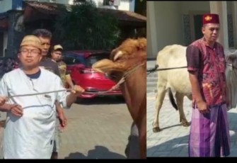 Wakil Ketua DPD Partai Gerindra Jatim Hidayat saat berbagi dengan memberikan dua ekor hewan kurban sapi pada dua Pondok Pesantren (Ponpes) yang ada Kabupaten Jember.