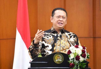 Ketua MPR RI Bambang Soesatyo saat keynote speech di forum tematik Bakohumas MPR RI di Jakarta di 