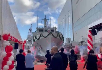 Launching kapal penyapu ranjau dengan nama Pulau Fani di galangan Abeking Rasmussen Bremen Jerman, Selasa (11/10)
