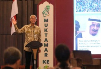 Ganjar Pranowo saat memberikan sambutan acara Muktamar PP Al Irsyad Al Islamiyyah Ke-41 di Purwokerto, Rabu (23/11) 