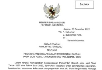SE Peningkatan Kesiapsiagaan Pemda saat Natal 2022 dan Tahun Baru 2023