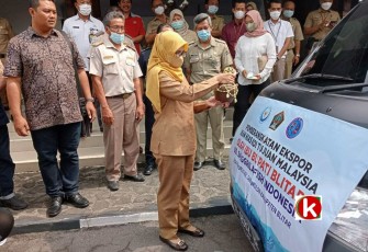 Bupati Blitar Rini Syarifah Hendak Memecahkan Kendi Di Depan Mobil Pickup Pengangkut Box Berisi Ikan Koi yang Akan Dikirim ke Malaysia (foto : Faisal NR / Klikwarta.com)