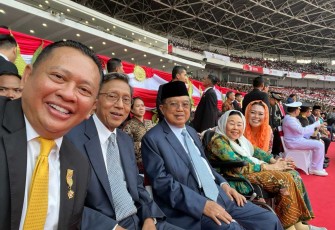 Bambang Soesatyo saat menghadiri upacara HUT Bhayangkara ke 77 di Jakarta, Sabtu (1/7)