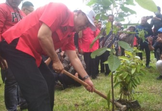 Ketua DPC PDI Perjuangan Kabupaten Karanganyar, Bagus Selo, saat melakukan penanaman pohon secara simbolis dalam rangka HUT PDI Perjuangan ke-50, di kawasan Desa Wonorejo, Kecamatan Jatiyoso, Kabupaten Karanganyar, Sabtu (28/1/2023).