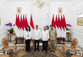 Menteri PUPR Basuki Hadimuljono saat menerima undangan Rakor bersama Pejabat (Pj) Gubernur DKI Jakarta Heru Budi Hartono di Kantor  Balai Kota Jakarta, Selasa (11/4/2023).