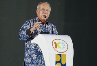 Menteri PUPR Basuki Hadimuljono pada acara Malam Penghargaan Konstruksi Indonesia 2023 di Jakarta International Expo (JIExpo), Jakarta Pusat pada Jumat (3/11/2023). 